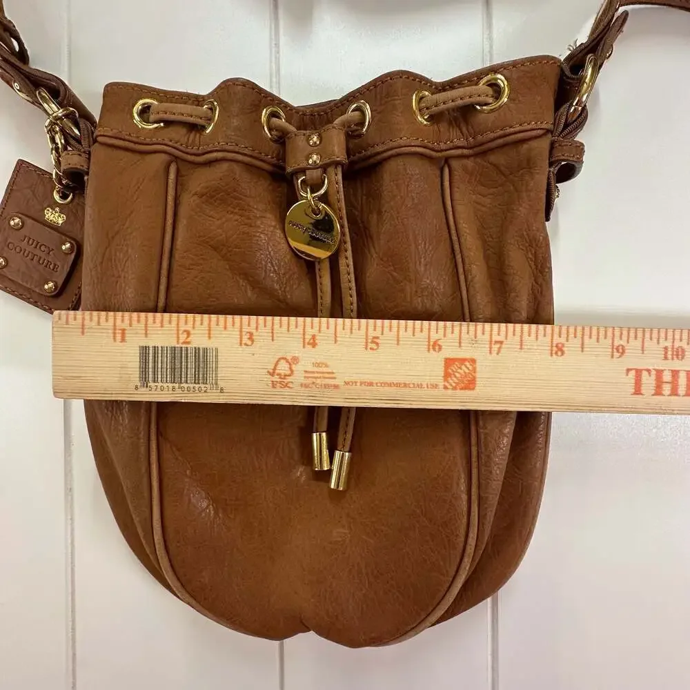 Boho Juicy Couture Brown Pebbled Leather Drawstring Bucket Crossbody Bag